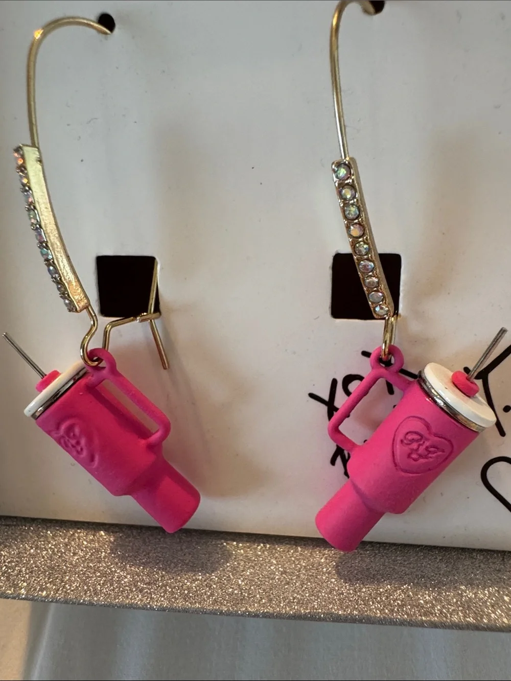 Betsey Johnson pink water bottle tumblers dangling earrings NIB